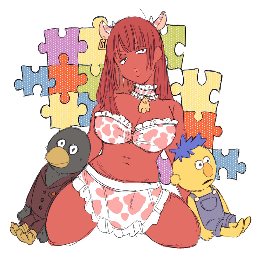 1girl, 2boys, animal_ears, animal_print, apron, beak, bell, bird_legs, black_fur, blue_hair, blue_overalls, blunt_bangs, bra, bridgeless_bra, brown_suit, choker, colored_skin, cow_ears, cow_horns, cow_print, cow_print_apron, cowbell, don't_hug_me_i'm_scared, duck_(dhmis), ear_tag, formal_clothes, frilled_apron, frilled_bra, frilled_choker, frills, genderswap, genderswap_(mtf), highres, horns, humanization, kneeling, looking_at_viewer, multiple_boys, o-ring, o-ring_top, overalls, parted_lips, polka_dot, print_apron, print_choker, puppet, puzzle_piece, red_guy_(dhmis), red_hair, red_skin, spread_legs, stomach, strapless, strapless_bra, suit, tokimekiwaku, underwear, yellow_guy_(dhmis), yellow_skin