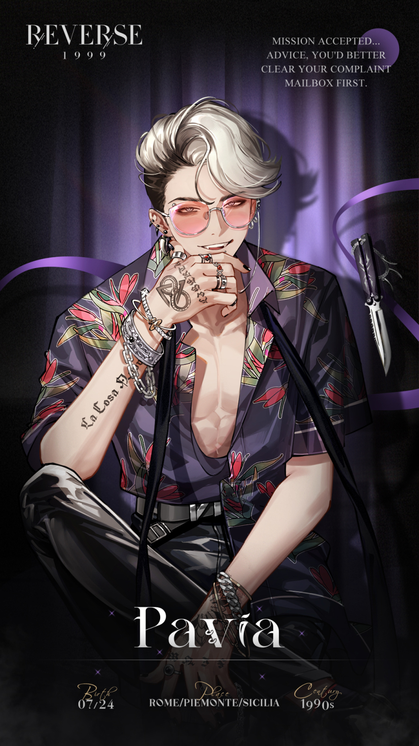 1boy, :d, arm_tattoo, bare_pectorals, belt, black_belt, black_hair, black_nails