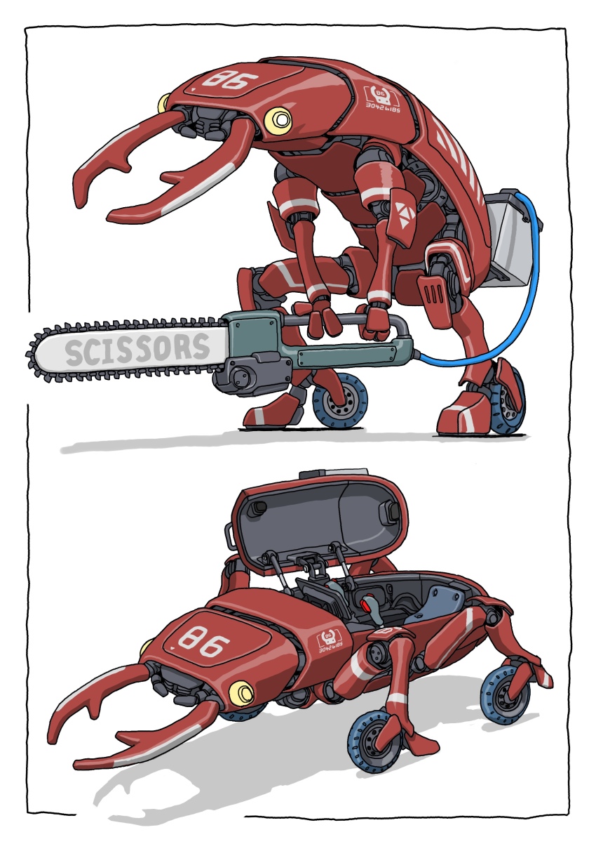 absurdres, animal-themed_vehicle, chainsaw, cockpit, gatling_santouhei, highres, holding, holding_chainsaw