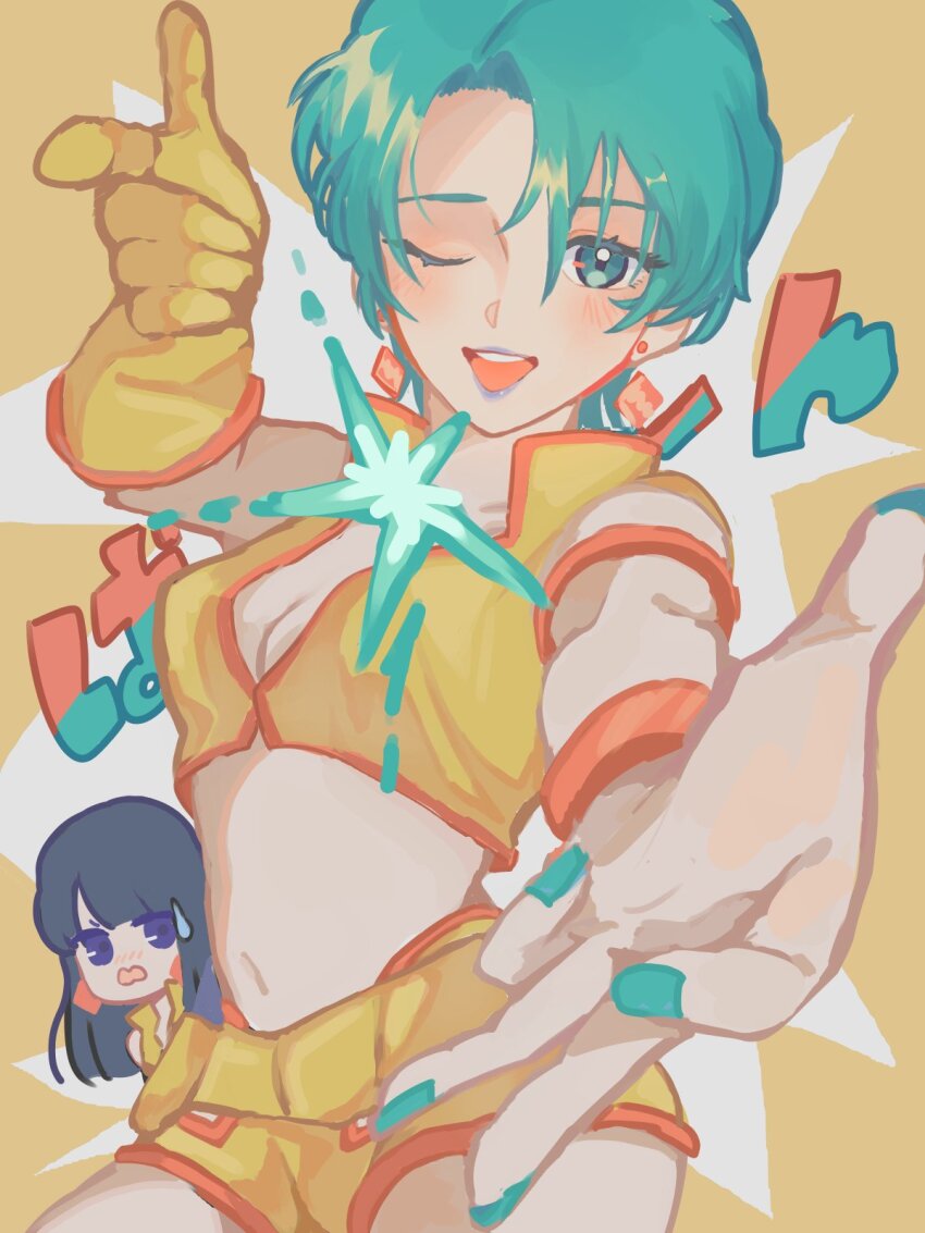 2girls, ;d, aqua_eyes, aqua_hair, aqua_nails, black_hair, blue_eyes, blush, breasts, cleavage, cosplay, crop_top, dirty_pair, earrings, fa_yuiry, finger_gun, four_murasame, gloves, gundam, highres, jewelry, kazahana._(hankenno_kaza), long_hair, looking_at_viewer, midriff, multiple_girls, navel, one_eye_closed, open_mouth, pointing, pointing_at_viewer, purple_lips, reaching, reaching_towards_viewer, red_eyes, shirt, short_hair, short_shorts, shorts, simple_background, single_glove, small_breasts, smile, solo_focus, sunrise_(company), sweatdrop, voice_actor_connection, yellow_gloves, yellow_shirt, yellow_shorts, yuri_(dirty_pair), zeta_gundam