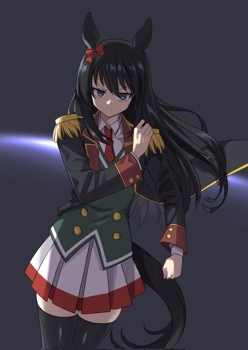 1girl, animal_ears, black_hair, blue_eyes, bow, buttons, commentary, cowboy_shot