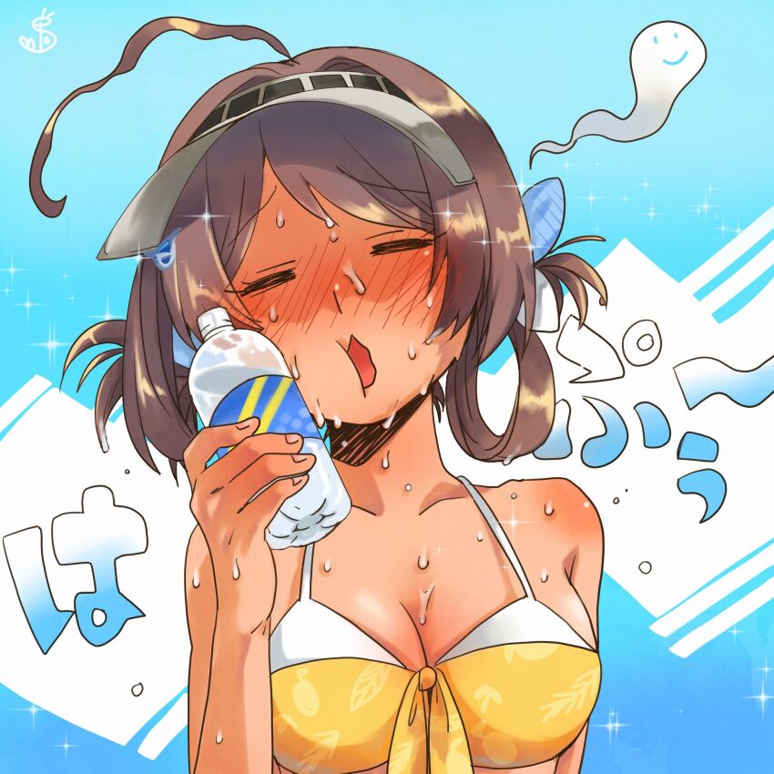 1girl, ahoge, bikini, blue_ribbon, blush, bottle, breasts, brown_hair