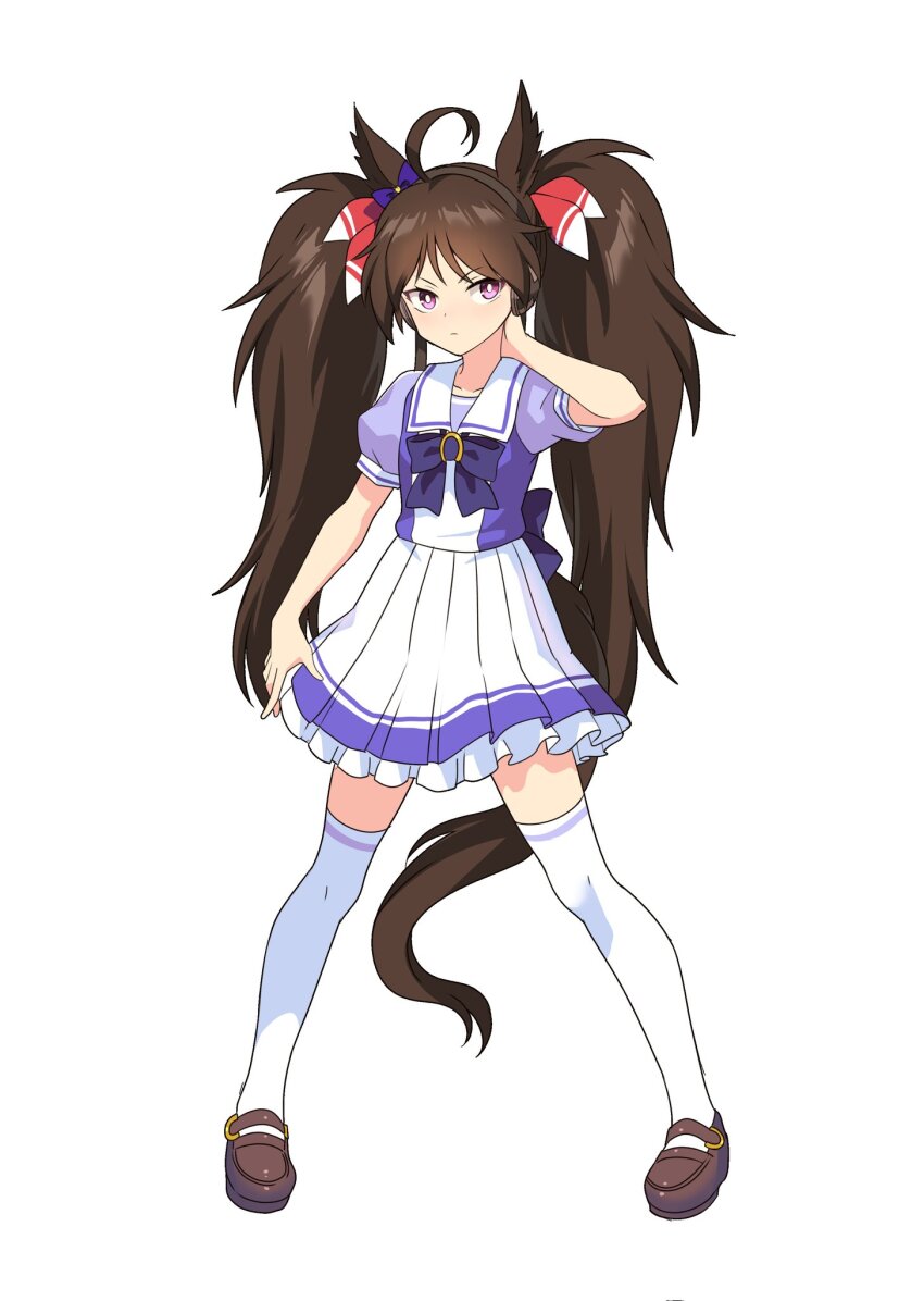 1girl, ahoge, animal_ears, arm_behind_head, bow, bright_pupils, brown_hair, brown_shoes