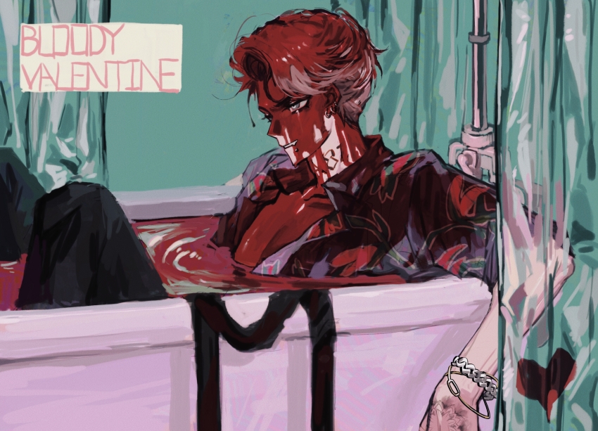 1boy, bath, bath_of_blood, bathroom, bathtub, black_pants, blood, blood_in_hair, blood_in_water, blood_on_chest, blood_on_clothes, blood_on_face, blood_stain, blue_background, bracelet, collarbone, collared_shirt, curtains, earrings, fang, grey_eyes, grey_hair, guro, hand_tattoo, heart, highres, jewelry, knees_up, lccko73337, looking_afar, male_focus, neck_tattoo, open_clothes, open_shirt, pants, parted_lips, partially_submerged, pavia_(reverse:1999), piercing, print_shirt, purple_shirt, reverse:1999, shirt, short_hair, short_sleeves, shower_curtain, sitting, solo, tattoo