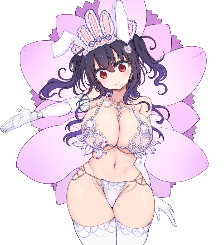 1girl, animal_ears, bare_shoulders, beads, black_hair, breasts, cleavage, closed_mouth
