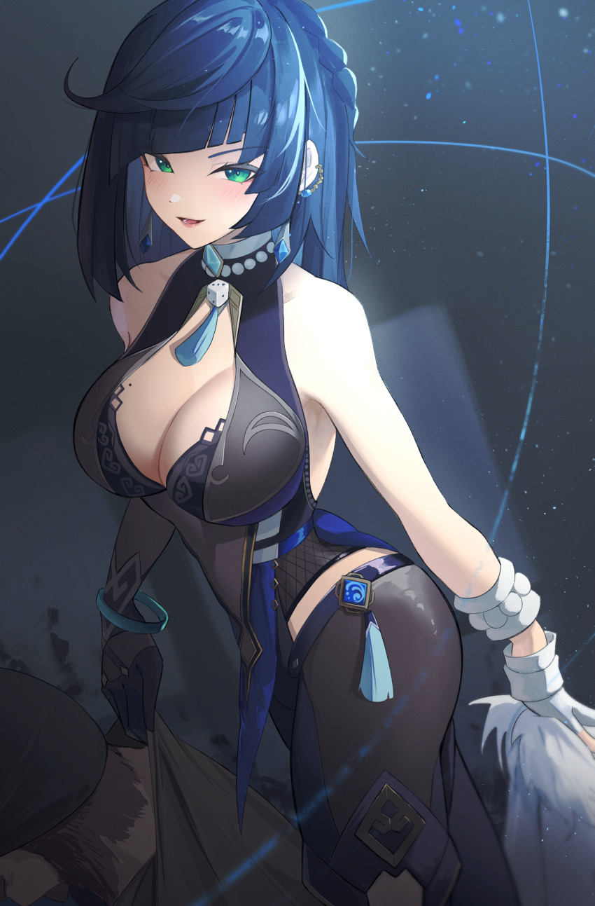 1girl, absurdres, asymmetrical_gloves, bare_shoulders, blue_hair, bob_cut, bracelet, breasts