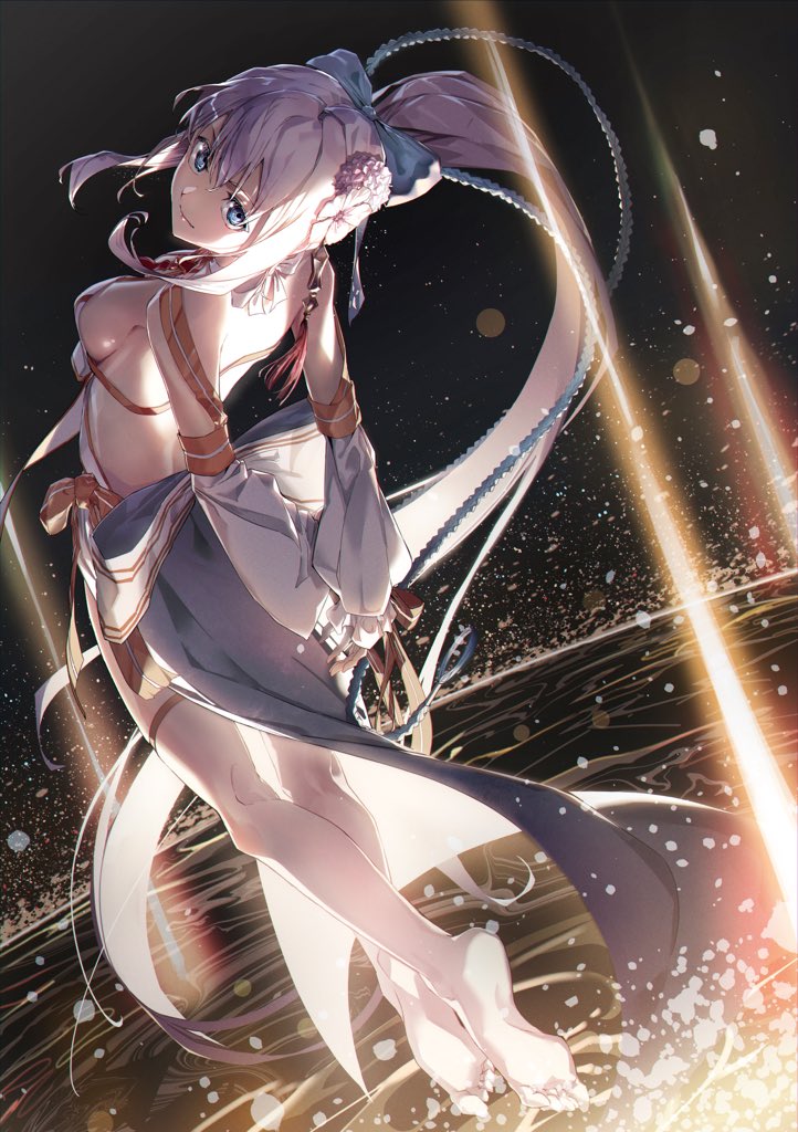 1girl, arched_back, arms_behind_back, bare_back, barefoot, blue_eyes, breasts, dancer