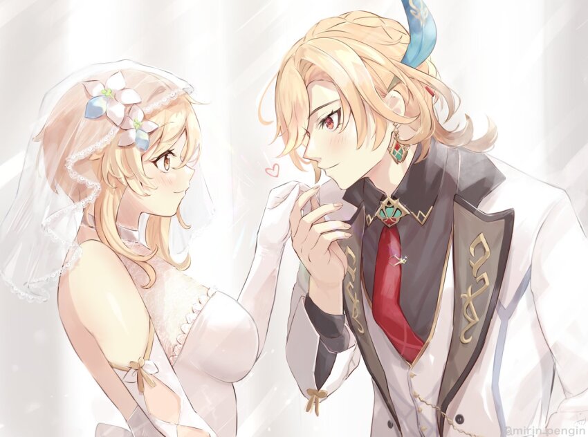 1boy, 1girl, alternate_costume, blonde_hair, breasts, cape, dress, earrings