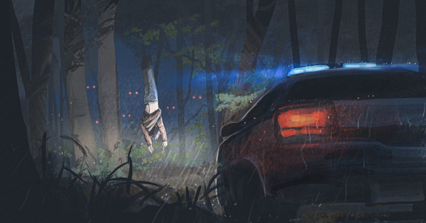 1boy, absurdres, black_footwear, black_hair, bound_ankles, brown_jacket, car, commentary_request, concept_art, denim, dripping, eyes_in_shadow, facing_away, forest, from_behind, grass, hanging, highres, horror_(theme), jacket, jeans, long_sleeves, male_focus, midriff, motor_vehicle, nature, night, original, outdoors, pants, police_car, police_siren, procreate_(medium), rain, rgk1254, scenery, shoes, short_hair, upside-down, wide_shot