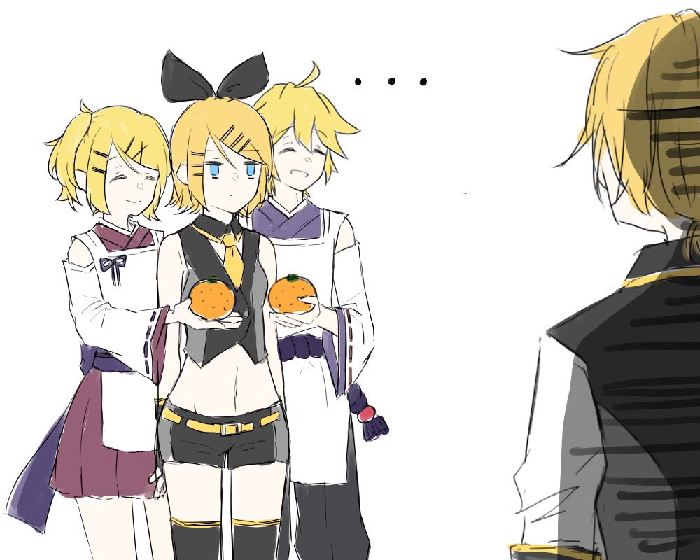 ..., ^_^, adapted_costume, ahoge, bare_shoulders, black_bow, black_collar, black_shorts, kagamine_rin_(black_star), blonde_hair, blue_eyes, kagamine_len_(blue_moon), bow, breast_conscious, brother_and_sister, closed_eyes, clothing_cutout, collar, detached_collar, detached_sleeves, dual_persona, hair_bow, hair_ornament, hairclip, kagamine_len_(indigo), itkedo, japanese_clothes, kagamine_len, kagamine_rin, kariginu, kimono, matching_outfits, meme, midriff, navel, necktie, project_diva_(series), kagamine_rin_(raspberry), servants_holding_aphrodite's_breasts_(meme), short_kimono, short_necktie, short_shorts, shorts, shoulder_cutout, siblings, side_ponytail, sleeveless_blazer, smile, swept_bangs, teasing, thighhighs, unamused, vocaloid, yellow_necktie