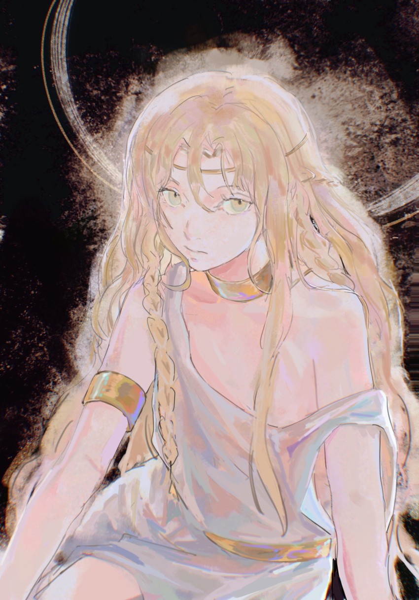 1boy, armlet, ashashio, belt, blonde_hair, bracelet, braid, circlet, dark_background, elden_ring, gold_belt, gold_bracelet, gold_circlet, gold_diadem, gold_necklace, green_eyes, highres, jewelry, long_hair, looking_at_viewer, miquella_(elden_ring), multiple_braids, necklace, sitting, tunic, very_long_hair, white_tunic