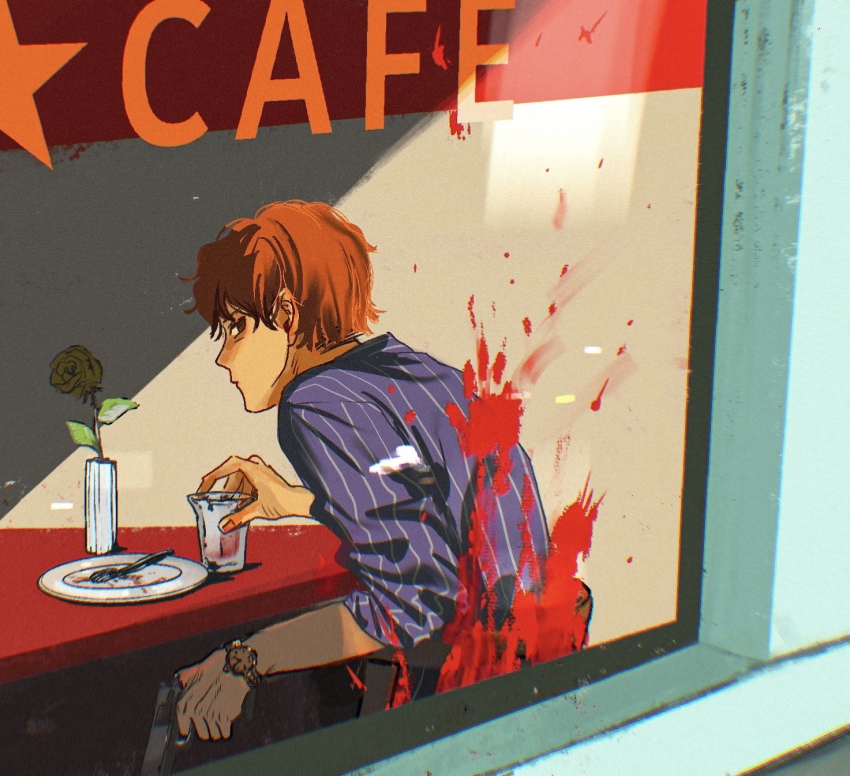 1boy, blood_on_window, bloody_handprints, cafe, chair, closed_mouth, commentary_request, cup