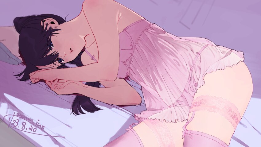 1girl, absurdres, babydoll, black_hair, blue_eyes, blush, breasts, commentary