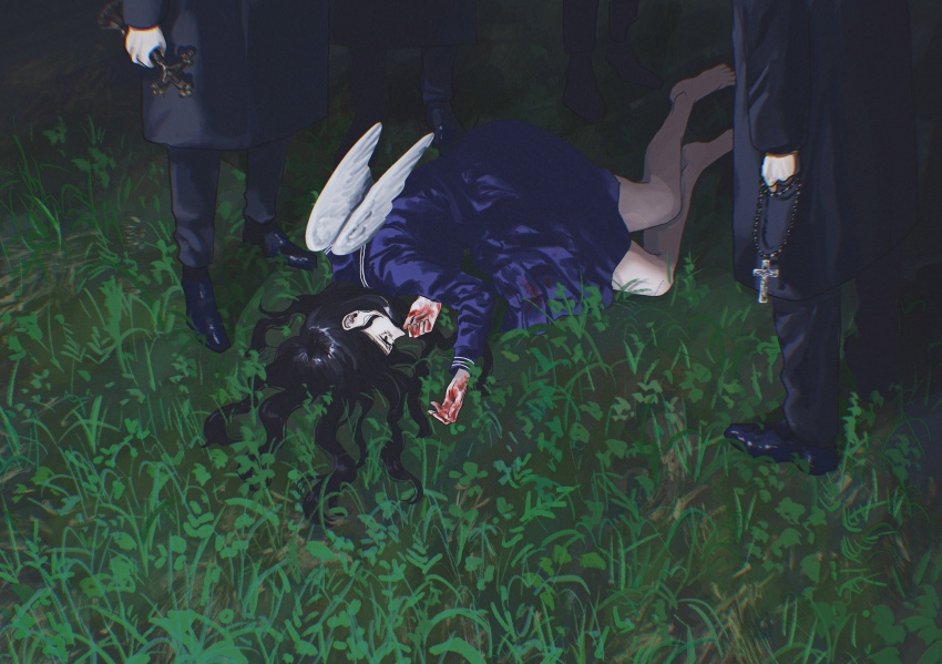 1girl, 4boys, absurdres, angel, angel_wings, barefoot, black_footwear, black_hair