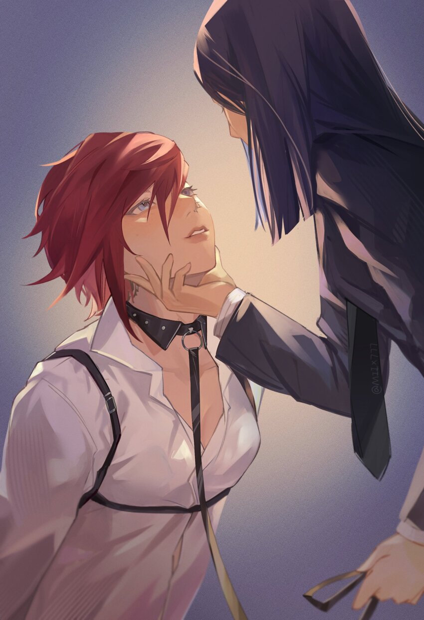 2girls, absurdres, blue_eyes, blue_hair, caitlyn_(league_of_legends), face_piercing, highres, holding, holding_leash, league_of_legends, leash, medium_hair, miix777, multiple_girls, necktie, nose_piercing, parted_lips, piercing, red_hair, twitter_username, vi_(league_of_legends), yuri