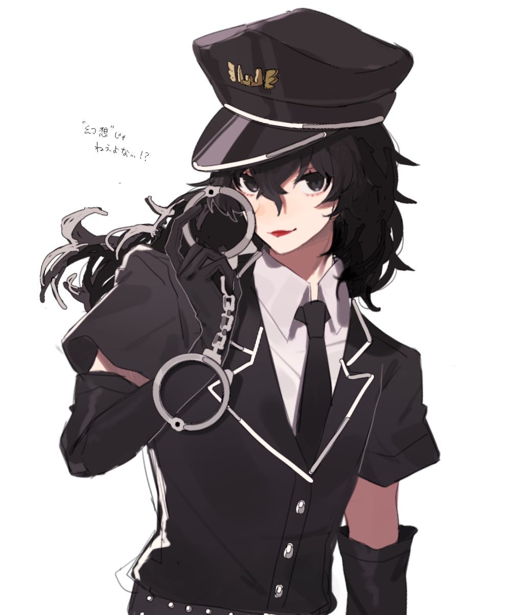 1boy, amamiya_ren, black_eyes, black_gloves, black_hair, black_hat, cheese_dakke, commentary, crossdressing, crossdressing_(mtf), cuffs, elbow_gloves, gloves, handcuffs, hat, highres, lipstick, long_hair, looking_at_viewer, makeup, male_focus, necktie, persona, persona_5, persona_5:_dancing_star_night, persona_dancing, shirt, short_sleeves, simple_background, solo, untranslatable_commentary, translation_request, trap, upper_body, white_shirt