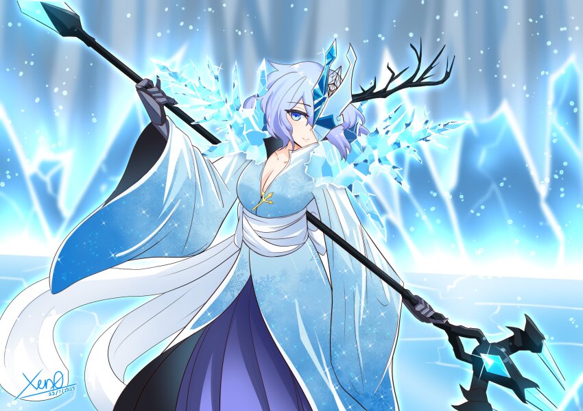 1girl, absurdres, blue_eyes, blue_hair, blue_kimono, blurry, blurry_background, breasts