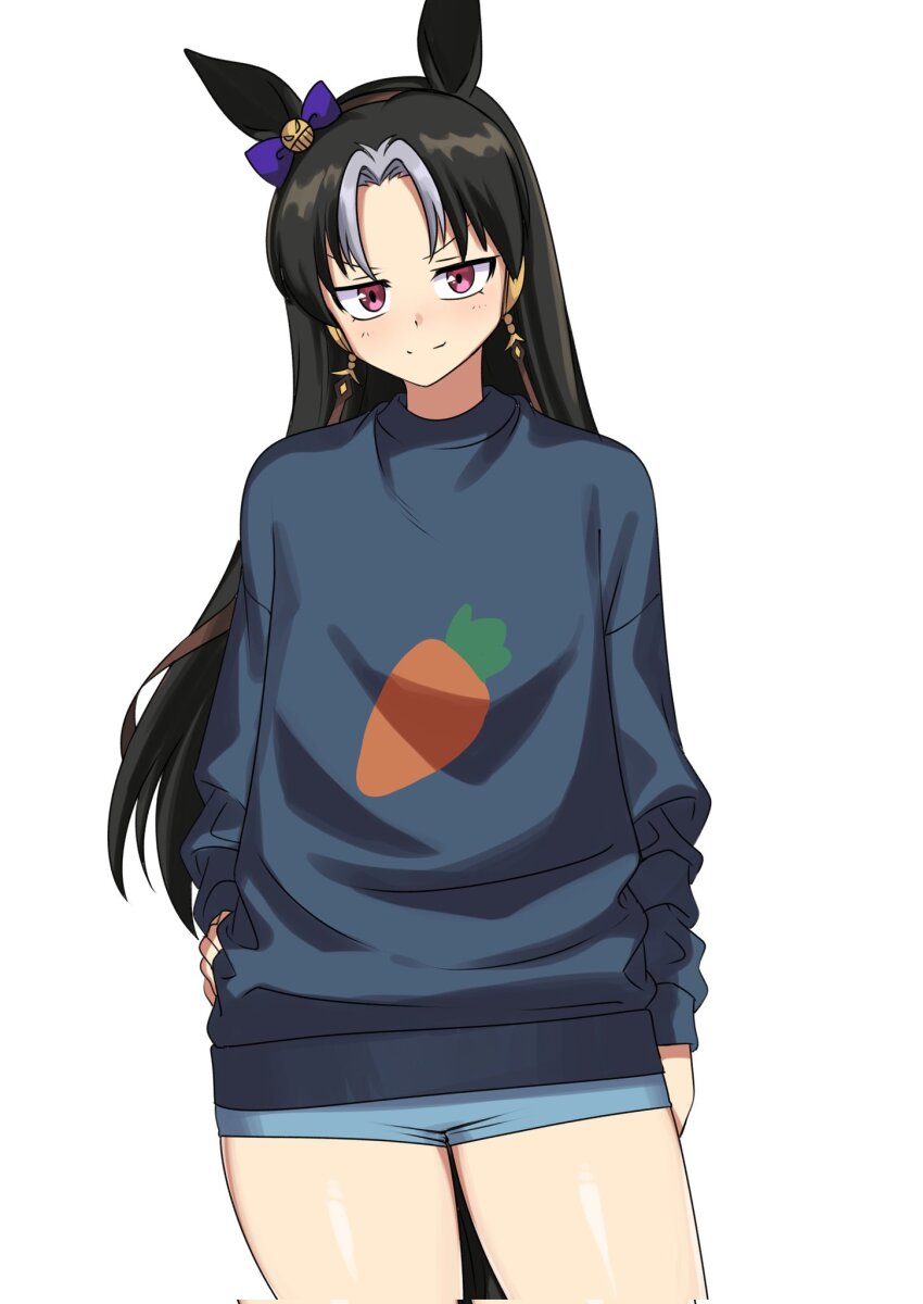1girl, animal_ears, arm_at_side, black_hair, blue_shorts, blue_sweater, bow, carrot_print