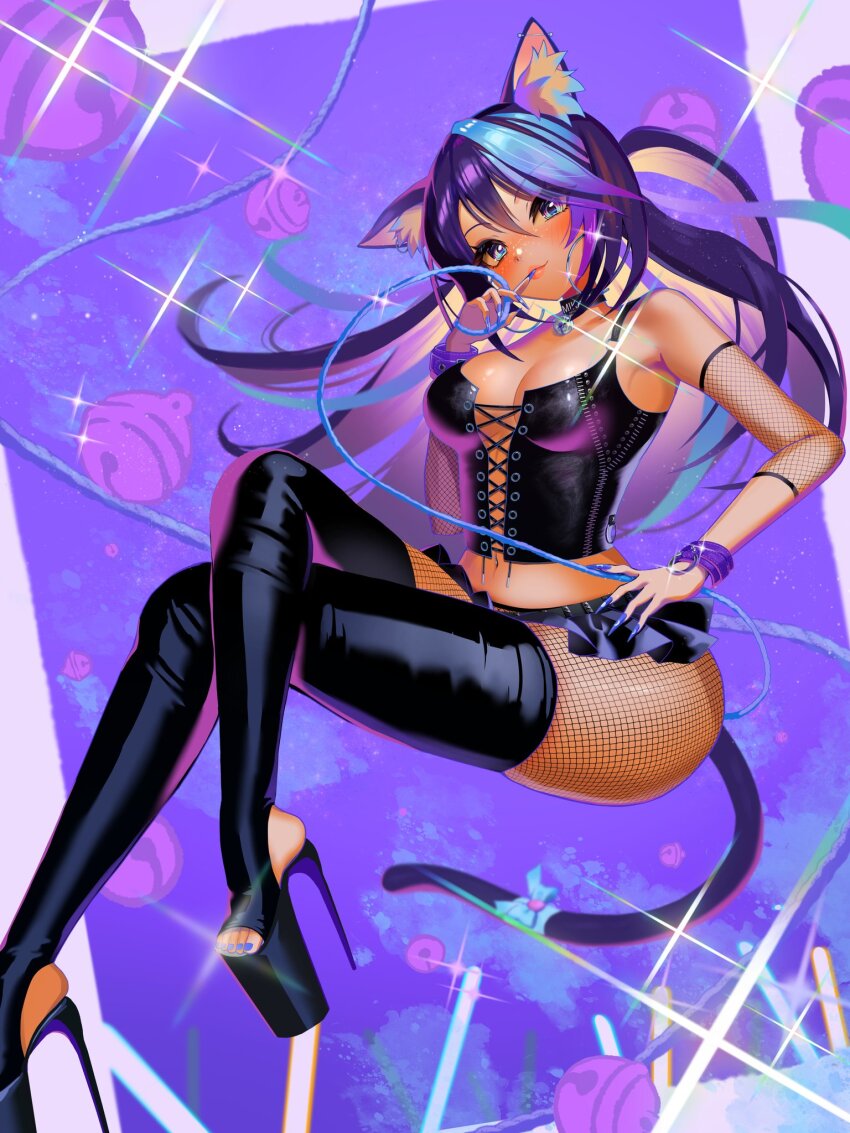 1girl, animal_ear_fluff, animal_ears, bell, black_choker, black_footwear, black_skirt, blue_bow