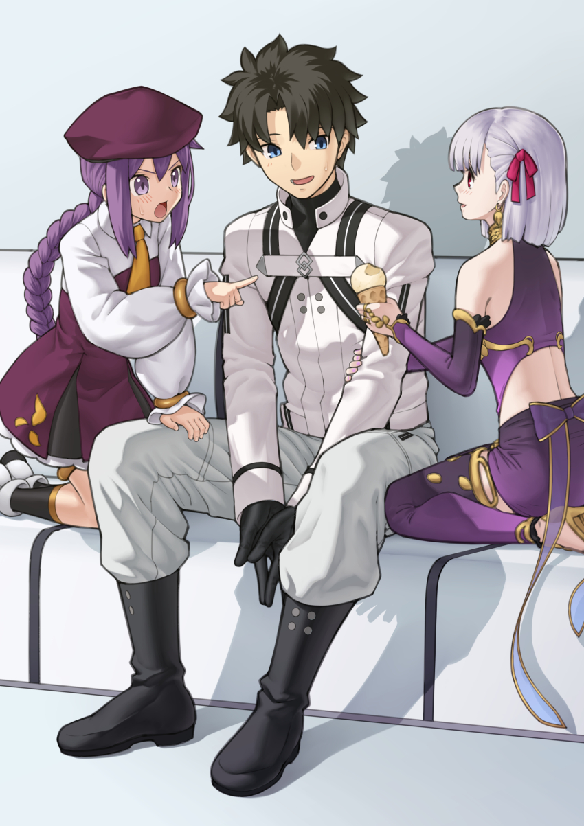 1boy, 2girls, absurdres, aged_down, armlet, bare_shoulders, beret, black_gloves, black_hair, blue_eyes, blush, boots, bracelet, braid, braided_ponytail, breasts, collar, collared_shirt, detached_sleeves, dress, earrings, fate/grand_order, fate_(series), food, fujimaru_ritsuka_(male), fujimaru_ritsuka_(male)_(decisive_battle_chaldea_uniform), gloves, gonoike_biwa, hair_ribbon, hat, high_heels, highres, ice_cream, ice_cream_cone, jacket, jewelry, kama_(assassin)_(first_ascension)_(fate), kama_(fate), kama_(first_ascension)_(fate), kama_(young)_(fate), long_hair, long_sleeves, metal_collar, miniskirt, multiple_girls, necktie, open_mouth, pants, puffy_long_sleeves, puffy_sleeves, purple_dress, purple_eyes, purple_hair, purple_headwear, purple_skirt, purple_sleeves, purple_thighhighs, red_eyes, ribbon, ring, shirt, short_hair, sidelocks, sion_eltnam_(type-moon), sion_eltnam_sokaris, sion_eltnam_sokaris_(paper_moon), sitting, skirt, small_breasts, smile, thighhighs, thighlet, white_hair, white_jacket, white_pants, white_shirt, yellow_necktie