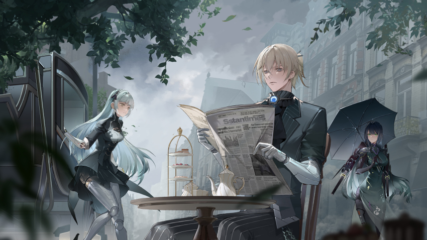 1boy, 2girls, aqua_hair, bianca:_veritas_(ink-lit_hermit)_(pgr), bianca:_veritas_(pgr), bianca_(pgr), black_dress, black_hair, black_jacket, blonde_hair, braid, breasts, chair, character_request, china_dress, chinese_clothes, cleavage_cutout, clothing_cutout, cloud, cloudy_sky, cup, dress, food, from_below, green_dress, green_eyes, grey_sky, haicma:_starveil_(fantastical_fellowship)_(pgr), haicma:_starveil_(pgr), haicma_(pgr), haicma_(punishing:_gray_raven), hair_ribbon, highres, holding, holding_newspaper, holding_umbrella, jacket, large_breasts, leaf, lee:_entropy_(illusionist)_(pgr), lee:_entropy_(pgr), lee_(pgr), long_hair, mechabare, mechanical_arms, mechanical_legs, minty0, multiple_girls, newspaper, official_alternate_costume, outdoors, punishing:_gray_raven, ribbon, side_slit, sitting, skirt, sky, table, teacup, teapot, tiered_tray, tree, umbrella