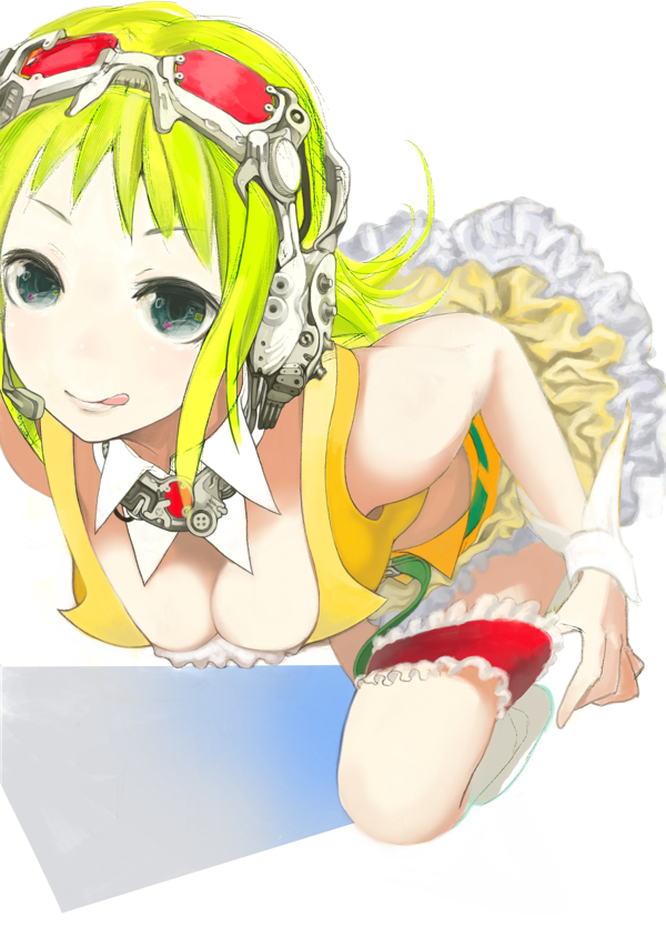 00s, 1girl, :q, bad_id, bad_pixiv_id, breasts, cleavage, downblouse, female_focus, frilled_thigh_strap, goggles, goggles_on_head, green_eyes, green_hair, gumi, headphones, headset, large_breasts, leaning_forward, matching_hair/eyes, ocaca_(chocolate-hopper), short_hair, simple_background, smile, solo, thigh_strap, tongue, tongue_out, vocaloid