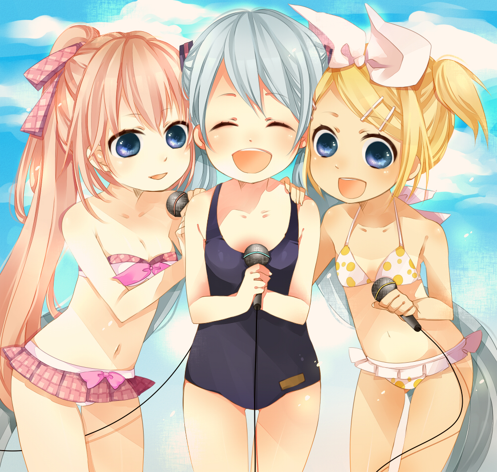 3girls, :d, ^_^, aged_down, aqua_hair, bandeau, between_legs, bikini