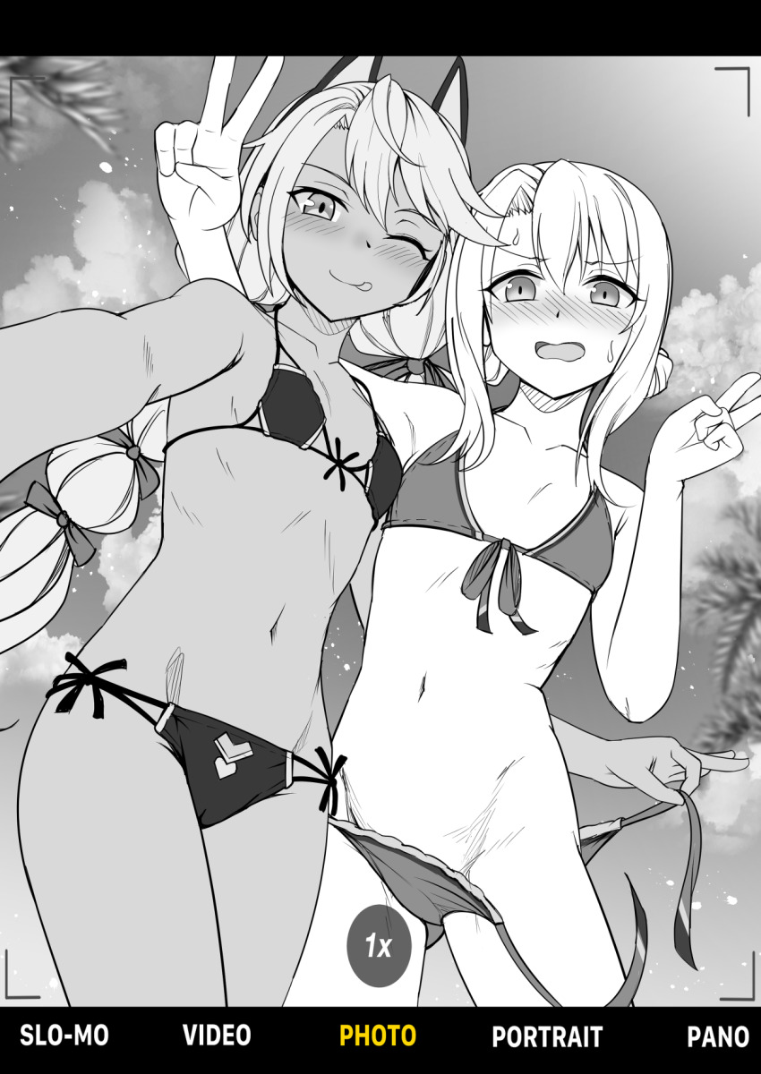 2girls, animal_ears, assisted_exposure, bare_shoulders, beach, bikini, blush, braid, breasts, cat_ears, cellphone_photo, chloe_von_einzbern, chloe_von_einzbern_(swimsuit_avenger)_(second_ascension), collarbone, dark-skinned_female, dark_skin, double_bun, embarrassed, fake_animal_ears, fate/grand_order, fate_(series), flustered, greyscale, hair_between_eyes, hair_bun, hair_ribbon, hairband, highres, illyasviel_von_einzbern, illyasviel_von_einzbern_(swimsuit_archer), illyasviel_von_einzbern_(swimsuit_archer)_(third_ascension), long_hair, looking_at_viewer, low_twin_braids, monochrome, multiple_girls, navel, one_eye_closed, ribbon, selfie, sidelocks, small_breasts, smile, swimsuit, thighs, twin_braids, v, zenrakishi
