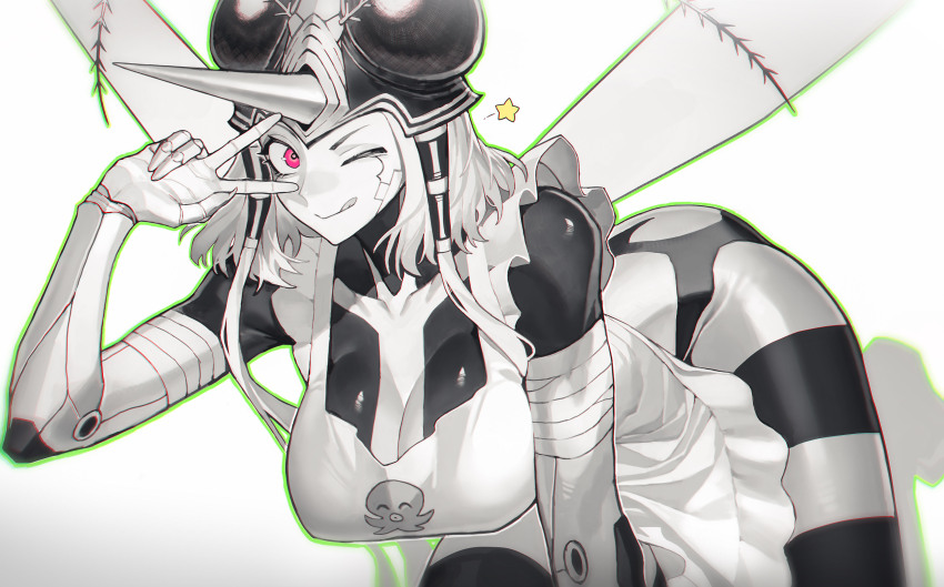 :p, absurdres, antennae, apron, arthropod_girl, bandages, bandaid, bent_over