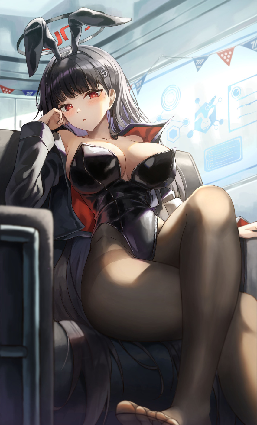1girl, absurdres, animal_ears, black_hair, black_leotard, black_pantyhose, blue_archive, blush