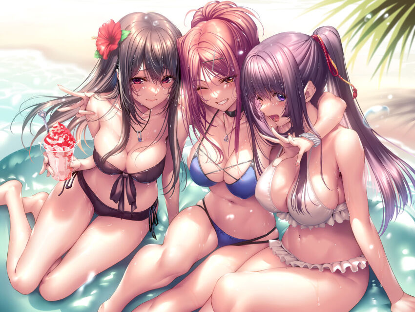 3girls, bare_shoulders, barefoot, bikini, blush, breasts, brown_eyes, brown_hair