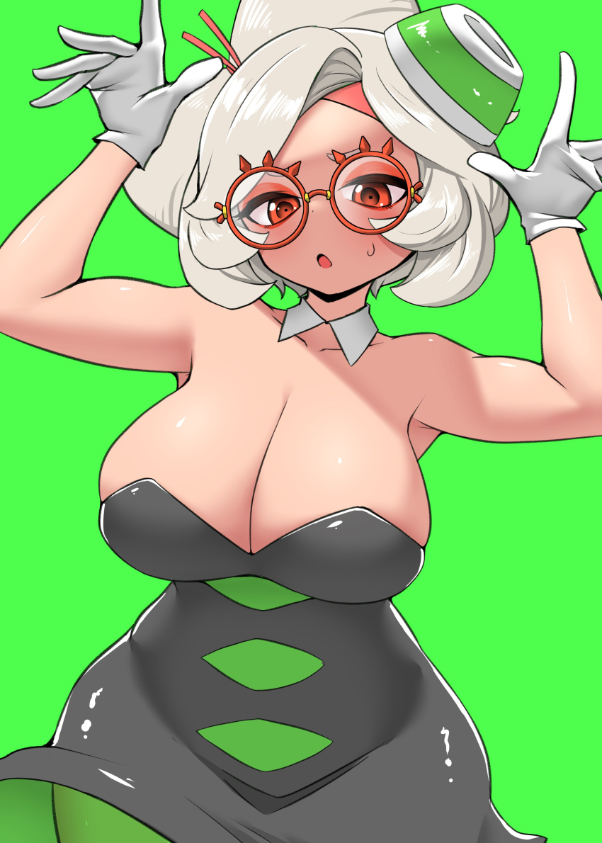 1girl, absurdres, alternate_costume, bare_arms, bare_shoulders, black_dress, black_skirt, blush, breast_focus, breasts, cleavage, collarbone, cosplay, detached_collar, double_bun, dress, eyeshadow, glasses, gloves, green_background, green_pantyhose, hair_bun, hair_ornament, hair_stick, headband, highres, large_breasts, makeup, marie_(splatoon), marie_(splatoon)_(cosplay), nintendo, pantyhose, pero_(pero7762), purah, red-framed_eyewear, red_eyes, red_eyeshadow, red_headband, round_eyewear, sheikah, short_dress, skirt, solo, splatoon_(series), strapless, strapless_dress, sweat, the_legend_of_zelda, the_legend_of_zelda:_tears_of_the_kingdom, white_gloves, white_hair
