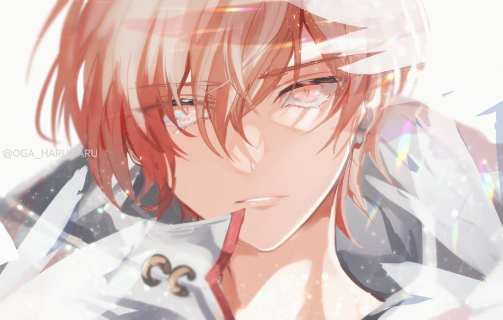 1boy, bishounen, earrings, grey_background, jacket, jewelry, looking_at_viewer, male_focus