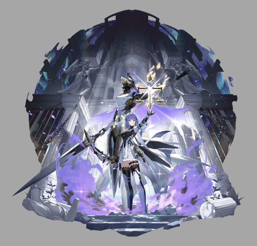 1girl, absurdres, alisa:_echo_(pgr), alisa_(pgr), armor, aurora, black_dress, black_gloves, black_sleeves, black_thighhighs, blue_hair, bow_(weapon), broken_pillar, cc_xiaotintin, chain, dress, fire, floating, flower, gloves, glowing, grey_eyes, helmet, highres, holding, holding_bow_(weapon), holding_sword, holding_weapon, indoors, judge, knight, long_sleeves, mechabare, punishing:_gray_raven, sky, solo, standing, star_(sky), statue, sword, thigh_strap, thighhighs, thighs, weapon, white_dress, white_flower, white_sleeves, window