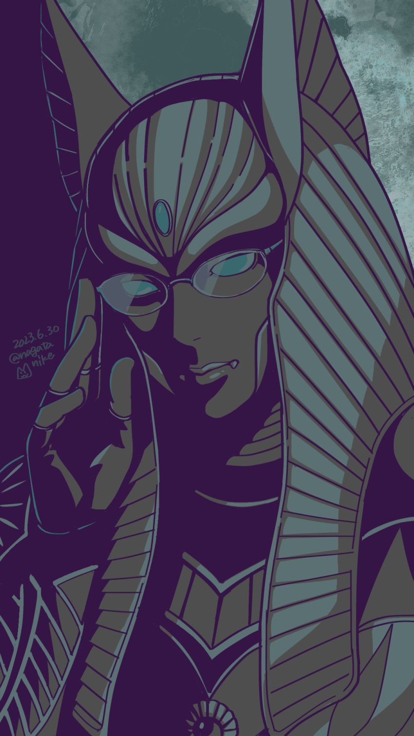 1girl, 2023, ancient_egyptian, artist_name, colored_skin, dated, fang, glasses