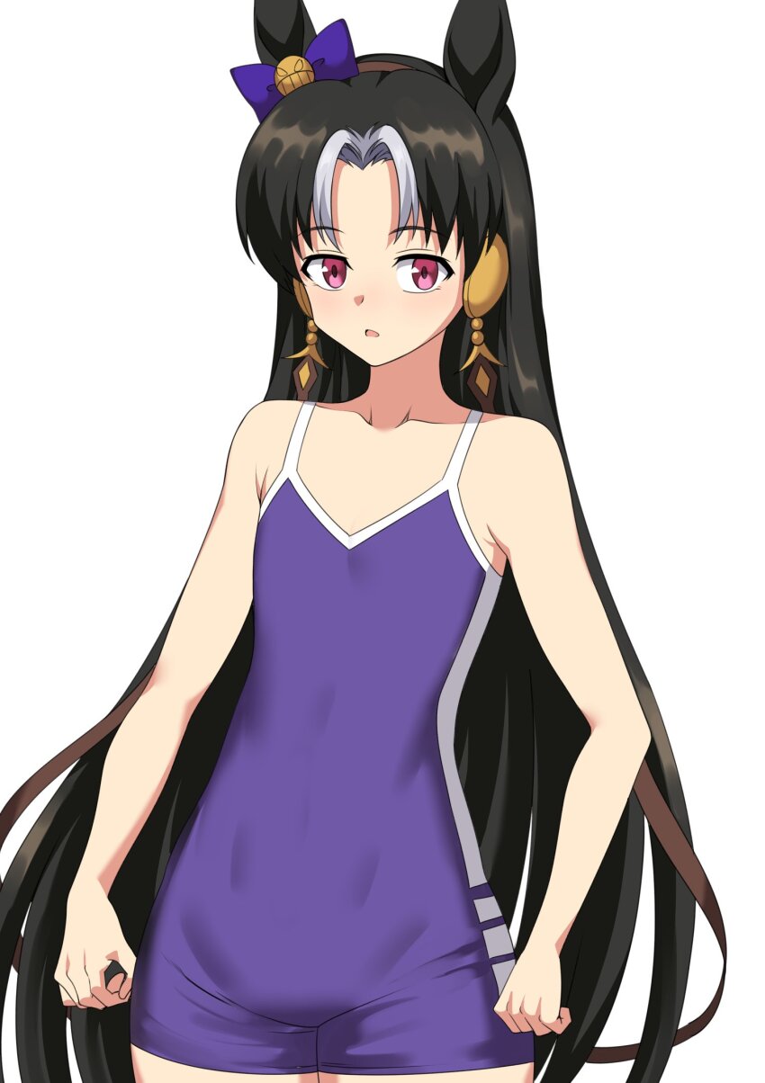 1girl, animal_ears, bare_shoulders, bow, collarbone, commentary, competition_school_swimsuit, ear_bow