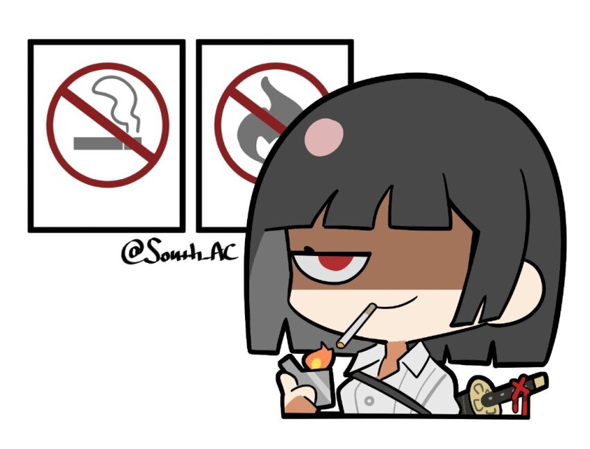 1girl, black_hair, cigarette, collared_shirt, holding, holding_lighter, katana, lighter