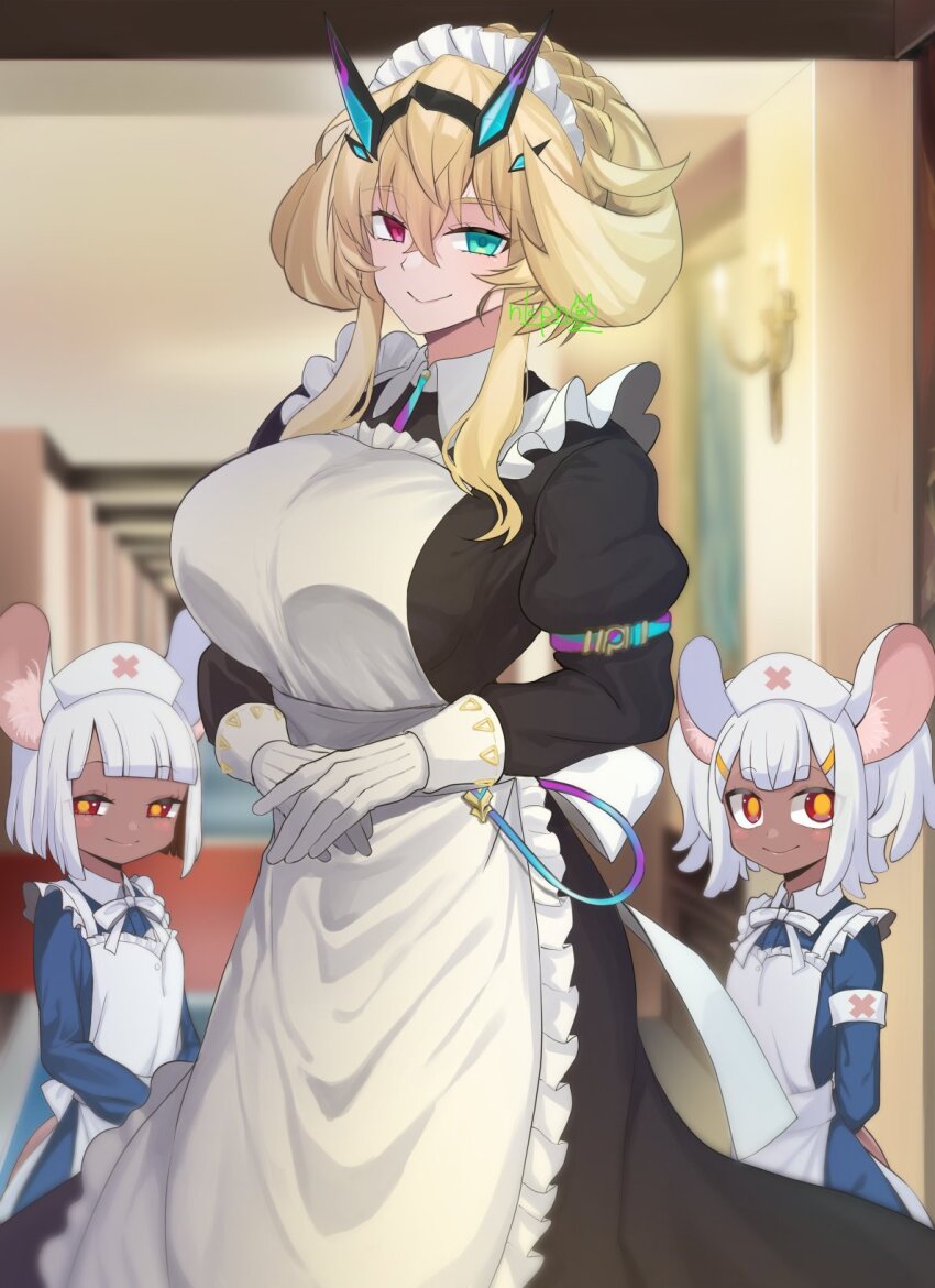 3girls, animal_ears, apron, armband, barghest_(fate), barghest_(swimsuit_archer)_(second_ascension)_(fate), black_dress, blonde_hair, breasts, daikokuten_(fate), daikokuten_(third_ascension)_(fate), dark-skinned_female, dark_skin, dress, fate/grand_order, fate_(series), gloves, green_eyes, heterochromia, highres, large_breasts, maid, maid_apron, maid_headdress, mouse_ears, multiple_girls, nekopan_(nekopannti), red_eyes, smile, twintails, white_gloves, white_hair, yellow_pupils