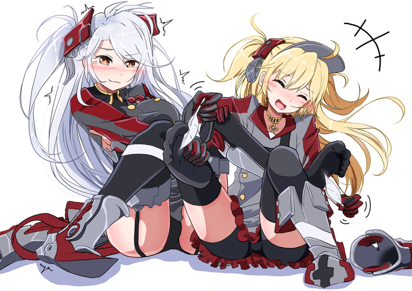 2girls, admiral_hipper_(azur_lane), azur_lane, bike_shorts, bike_shorts_under_skirt, black_panties, black_shorts, black_thighhighs, blonde_hair, blush, buttons, closed_eyes, commission, double-breasted, feathers, garter_straps, grey_hair, long_hair, long_sleeves, multiple_girls, open_mouth, orange_eyes, panties, pixiv_commission, prinz_eugen_(azur_lane), shoes, short_shorts, shorts, shorts_under_skirt, simple_background, sitting, smile, spread_legs, thighhighs, tickling, tickling_feet, toro_yurei, two_side_up, underwear, unworn_shoes, white_background