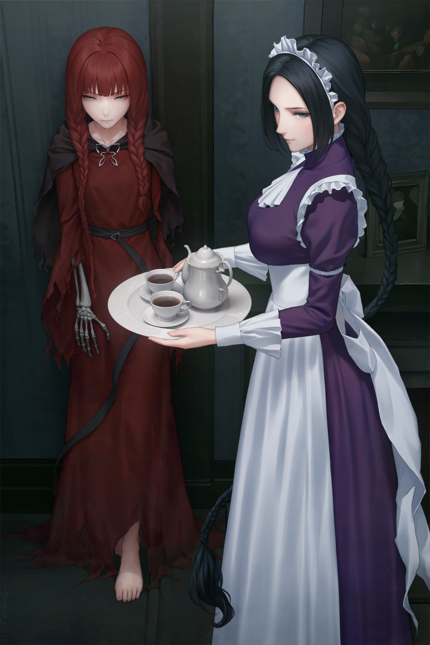 2girls, ascot, barefoot, black_hair, breasts, character_request, cup, dress