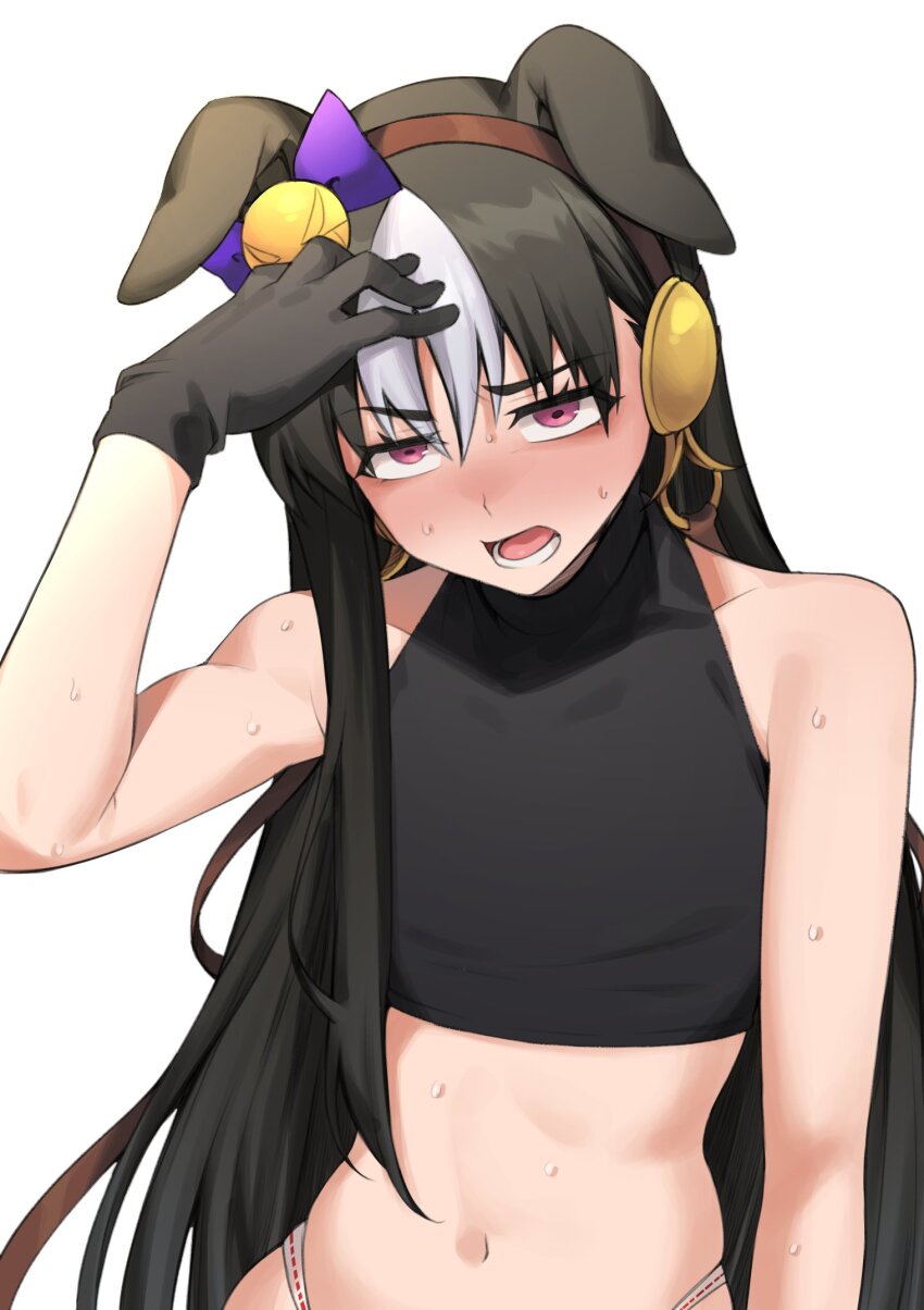 1girl, animal_ears, bare_shoulders, black_gloves, black_hair, black_tank_top, bow, coat, unworn_coat, collarbone, commentary, crop_top, ear_bow, ears_down, flat_chest, fukuro_(maruaru00), genderswap, genderswap_(mtf), gloves, grey_hair, hair_between_eyes, headgear, highres, horse_ears, horse_girl, lower_teeth_only, midriff, navel, open_mouth, original, panties, personification, purple_eyes, reins, ribbon-trimmed_underwear, ribbon_trim, simple_background, sleeveless_turtleneck_crop_top, solo, stay_gold_(racehorse), sweat, tank_top, teeth, toned, umamusume, underwear, upper_body, very_sweaty, white_background