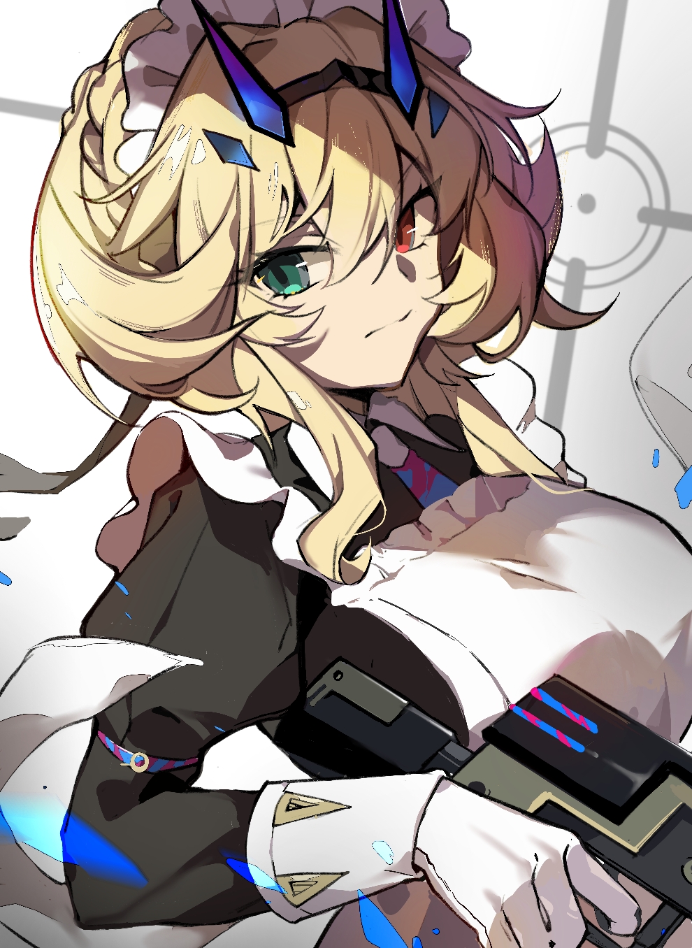 1girl, apron, barghest_(fate), barghest_(swimsuit_archer)_(second_ascension)_(fate), black_dress, blonde_hair, breasts, dress, fate/grand_order, fate_(series), gloves, green_eyes, gun, heterochromia, highres, holding, holding_gun, holding_weapon, kikusang, large_breasts, maid, maid_apron, maid_headdress, red_eyes, weapon, white_gloves