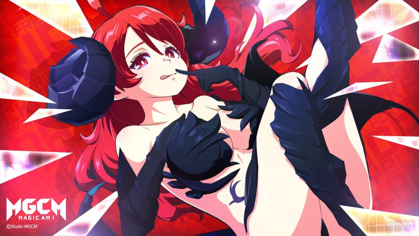 1girl, ahoge, artist_request, breasts, demon_girl, hand_on_own_chest, highres, horns