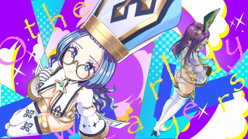 2girls, 3d, artist_request, boots, breasts, glasses, high_heels, magical_girl