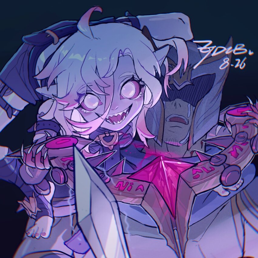 1boy, 1girl, ahoge, armor, artist_name, belt, black_belt, black_hair