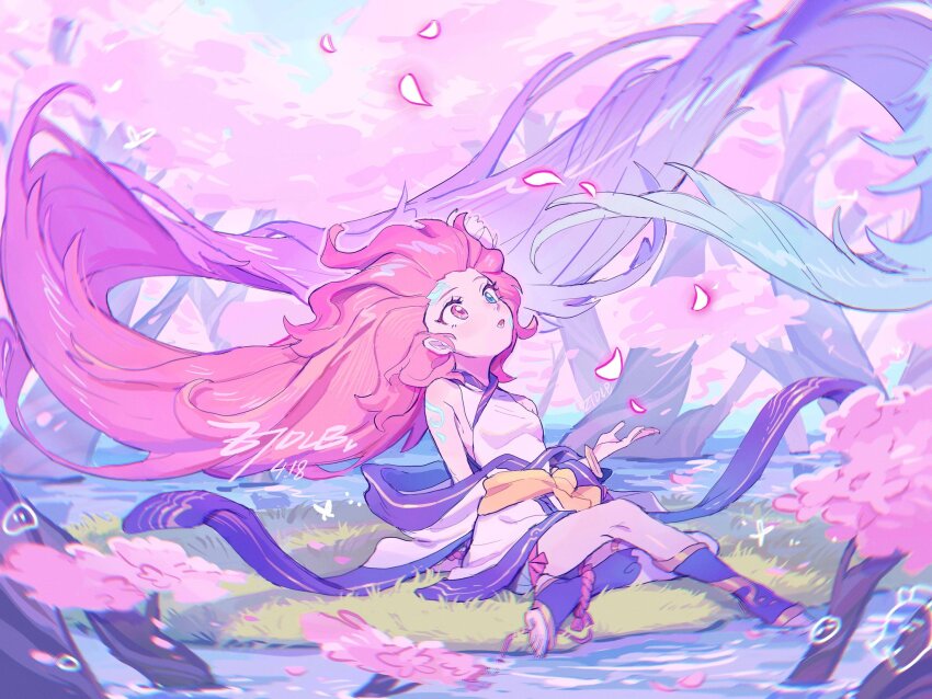 1girl, absurdly_long_hair, alternate_costume, arm_tattoo, artist_name, blue_eyes, blue_hair, blue_sky