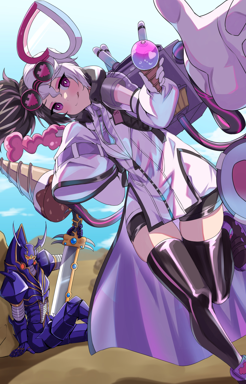 1girl, absurdres, asymmetrical_hair, asymmetrical_sleeves, black_hair, black_thighhighs, buster_blader, commission