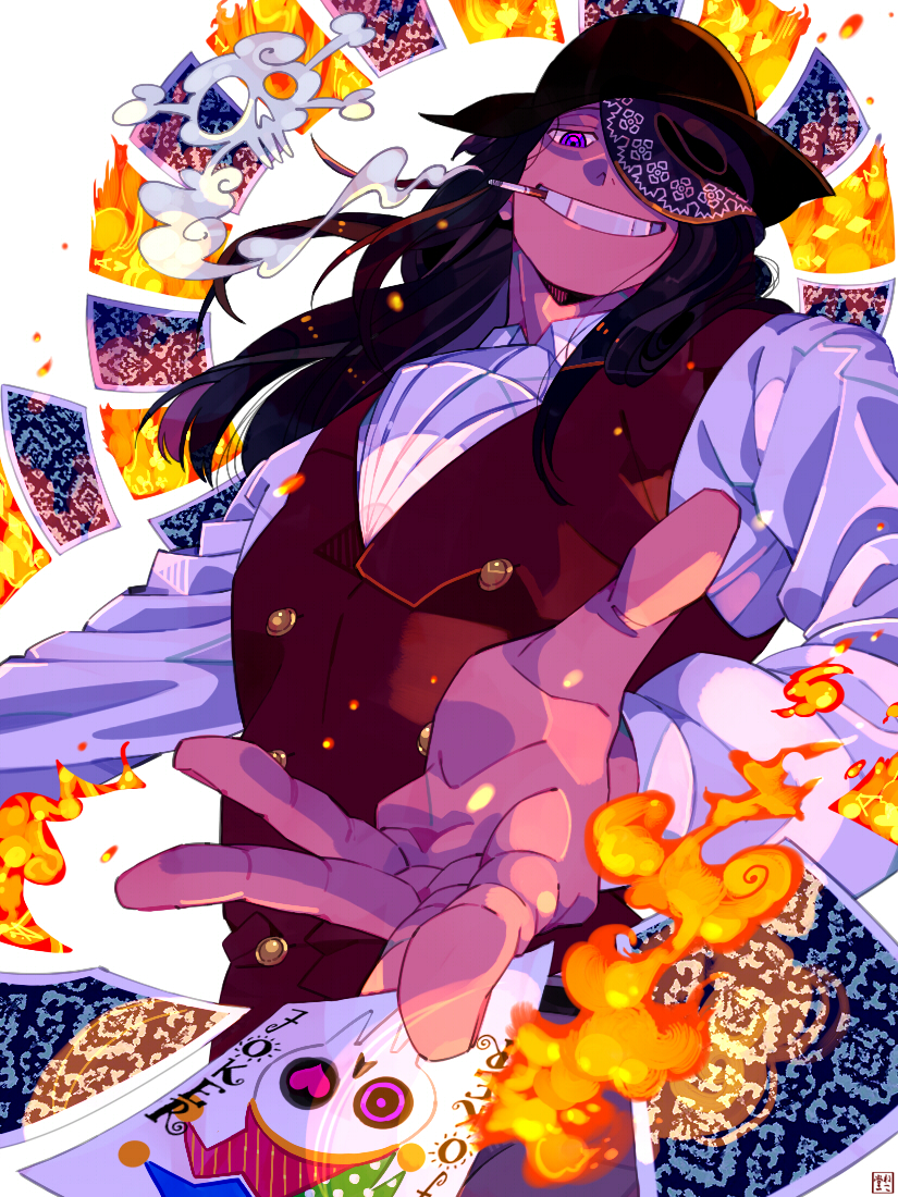 1boy, ascot, black_hair, black_headwear, brown_vest, card, cigarette, en'en_no_shouboutai