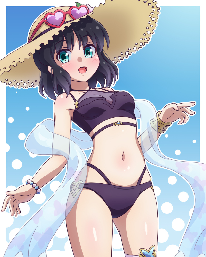 1girl, :d, bikini, black_bikini, black_hair, blush, bracelet, breasts