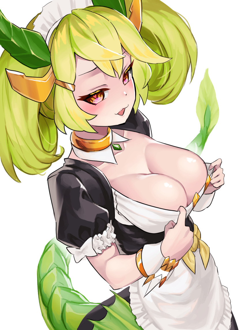 1girl, apron, breasts, dragon_girl, dragon_horns, dragon_tail, duel_monster, green_hair, highres, horns, kurozukin_(th_krz_890), large_breasts, long_hair, looking_at_viewer, maid, maid_apron, maid_headdress, open_mouth, parlor_dragonmaid, smug, solo, tail, yellow_eyes, yu-gi-oh!